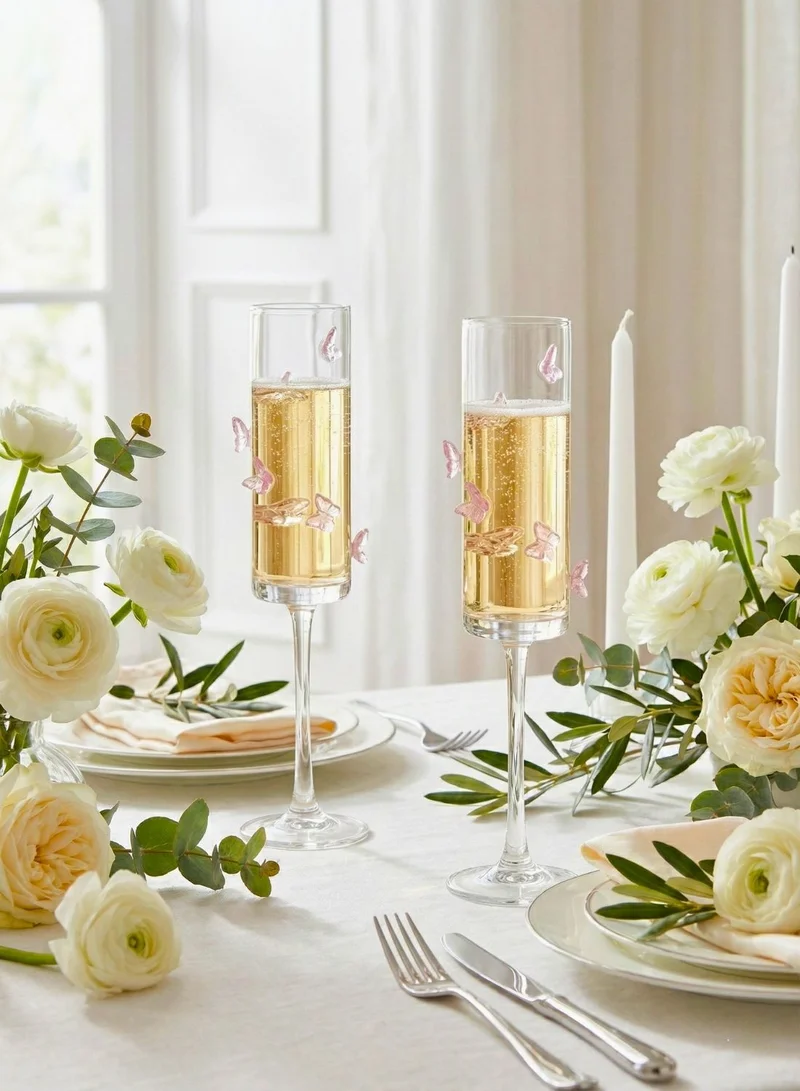 1Chase  Champagne Flute Glasses with Butterfly Design, 180ML Elegant Stemware Set of 2, Clear Glass Sparkling Wine, Prosecco Glasses  | Best Price UAE